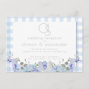 Carte D'accompagnement Réception de mariage Gingham bleu à monogramme