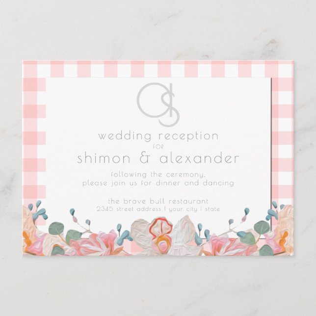 Carte D'accompagnement Réception de mariage | Gingham corail à monogramme (Devant)