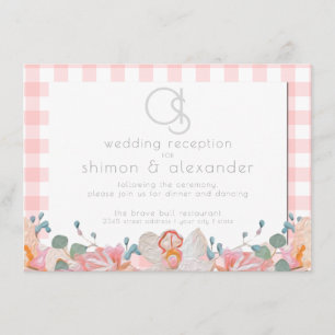 Carte D'accompagnement Réception de mariage Gingham corail à monogramme