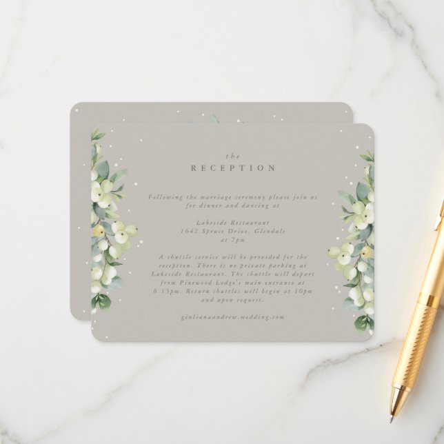 Carte D'accompagnement Réception de mariage Greige Snowberry+Eucalyptus (Devant/Arrière en situation)