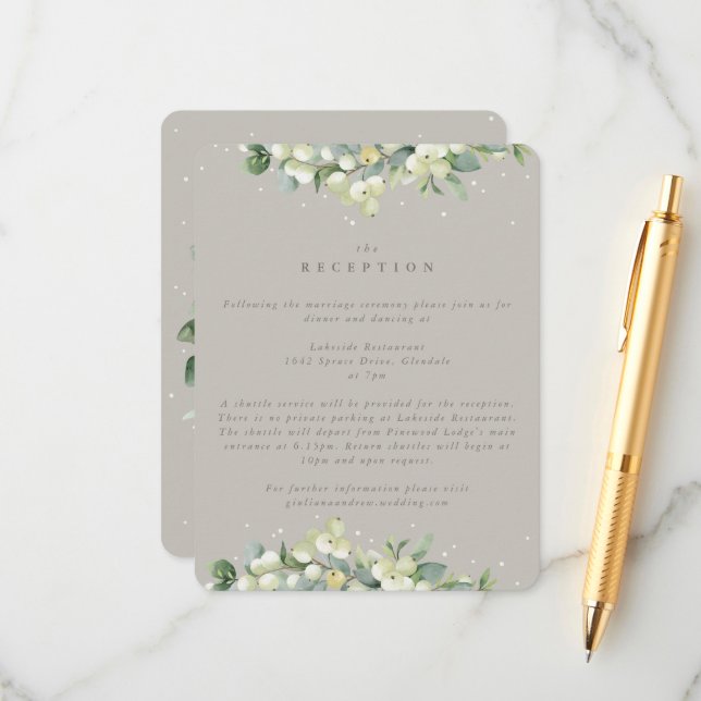 Carte D'accompagnement Réception de mariage Greige Snowberry+Eucalyptus (Devant/Arrière en situation)