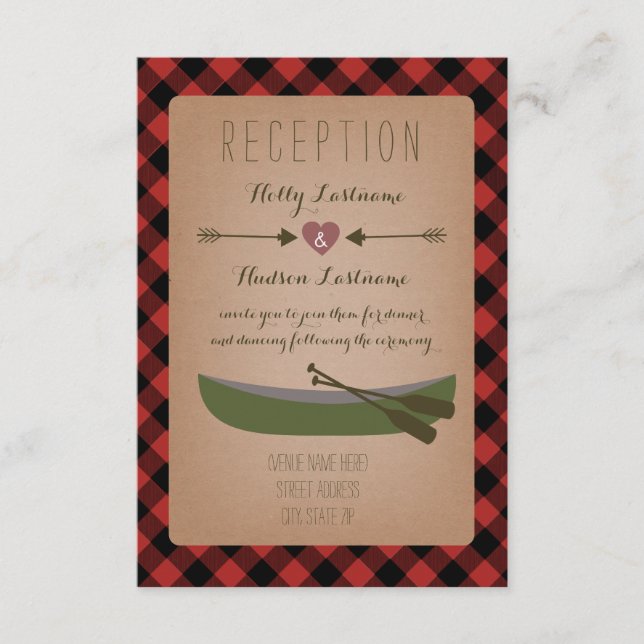 Carte D'accompagnement Réception de mariage Lumberjack Plaid Canoë + Flèc (Devant)