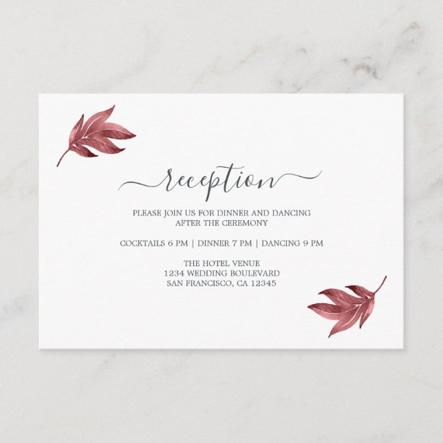 Carte D'accompagnement Réception De Mariage Minimale Chic Feuille Bourgog (Devant)