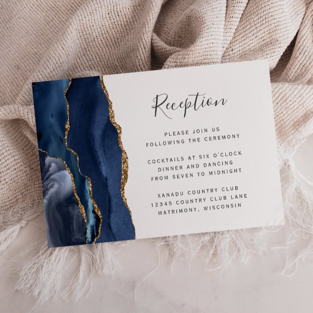 Carte D'accompagnement Réception de mariage moderne bleu marine or agate (Créateur téléchargé)