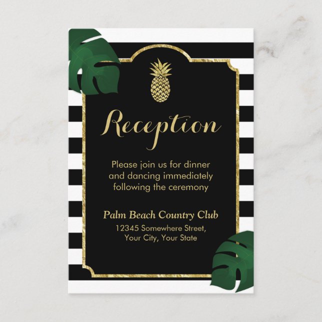 Carte D'accompagnement Réception de mariage moderne Hawaïen Gold Pineappl (Devant)