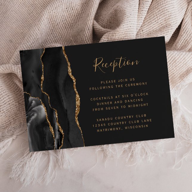 Carte D'accompagnement Réception de mariage moderne noir or agate foncé (Créateur téléchargé)