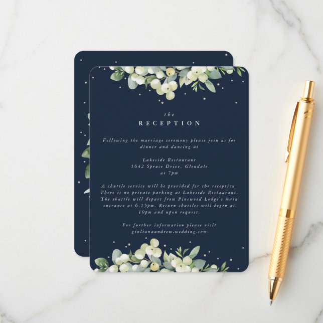 Carte D'accompagnement Réception de mariage Navy Snowberry + Eucalyptus b (Devant/Arrière en situation)