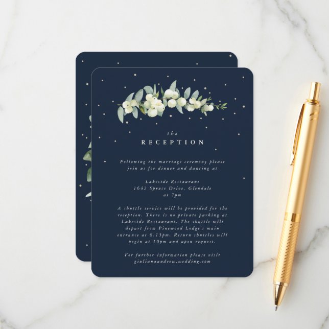 Carte D'accompagnement Réception de mariage Navy Snowberry + Eucalyptus S (Devant/Arrière en situation)