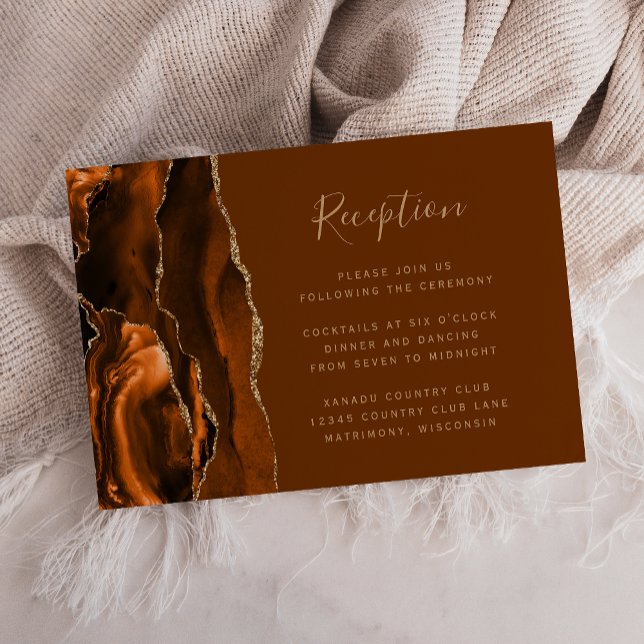Carte D'accompagnement Réception de mariage Orange Brûlé Or Agate Marron (Créateur téléchargé)