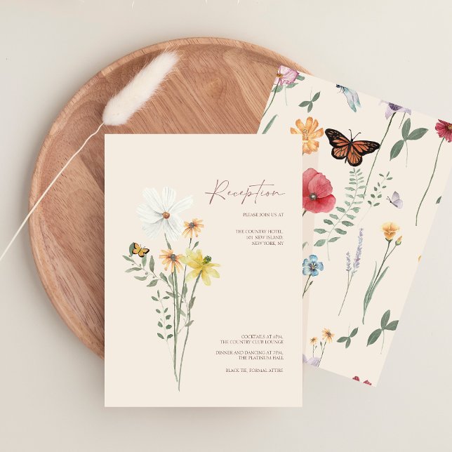 Carte D'accompagnement Réception de mariage papillon fleur sauvage fantai (Whimsical Yellow Wildflowers Wedding Reception Enclosure Card)