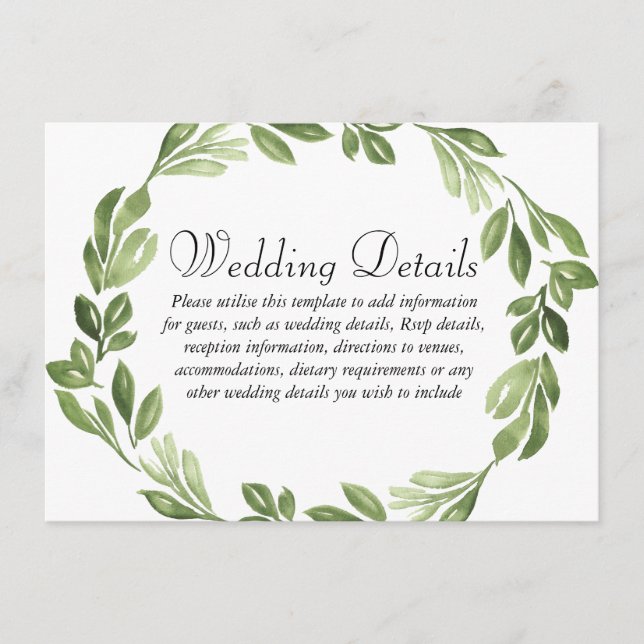 Carte D'accompagnement Réception de mariage printanier avec verdure aquar (Devant)