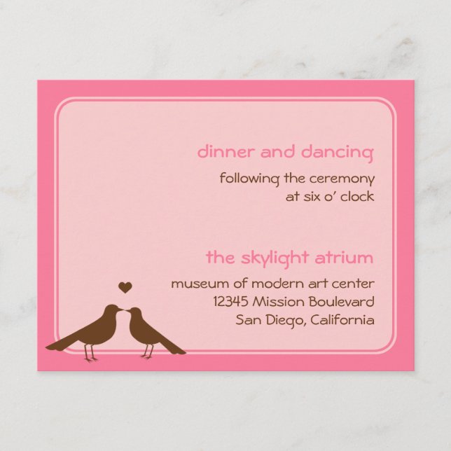 Carte D'accompagnement Réception de mariage rose des inséparables contemp (Devant)