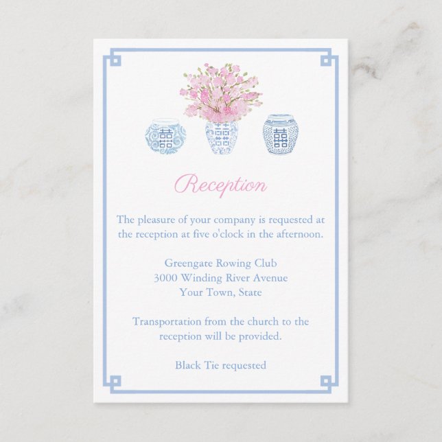 Carte D'accompagnement Réception De Mariage Rose Et Bleu Chinoiserie (Devant)