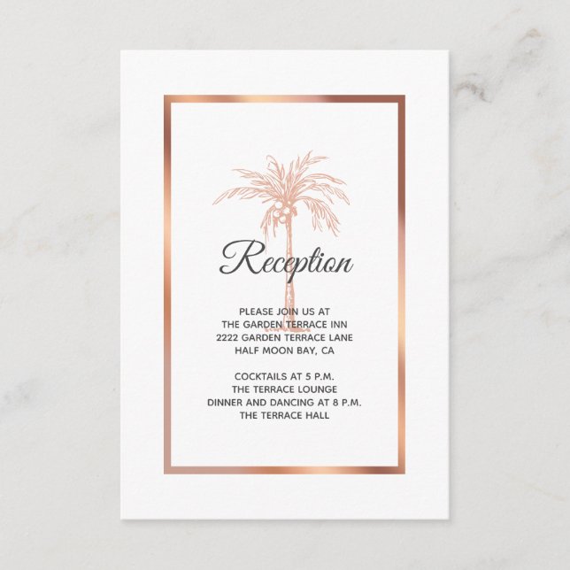 Carte D'accompagnement Réception de mariage rose Gold Copper Palm Tree (Devant)