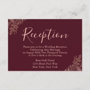 Carte D'accompagnement Réception de mariage Rose Gold et Bourgogne