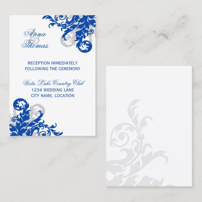 Carte D'accompagnement Réception de mariage Royal Blue Silver Flourish (Devant / Derrière)