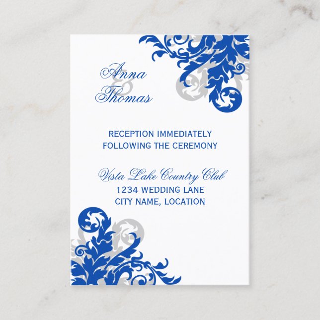 Carte D'accompagnement Réception de mariage Royal Blue Silver Flourish (Devant)