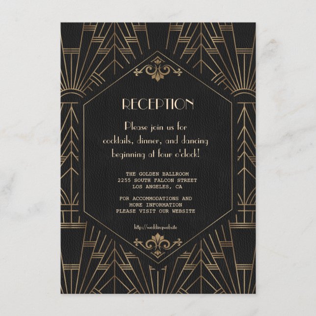 Carte D'accompagnement Réception de mariage Royal Gold Black Great Gatsby (Devant)