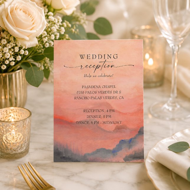 Carte D'accompagnement Réception de mariage rustique au coucher du soleil (Invite your guests to celebrate your love with this gorgeous coral mountain sunset rustic reception.)