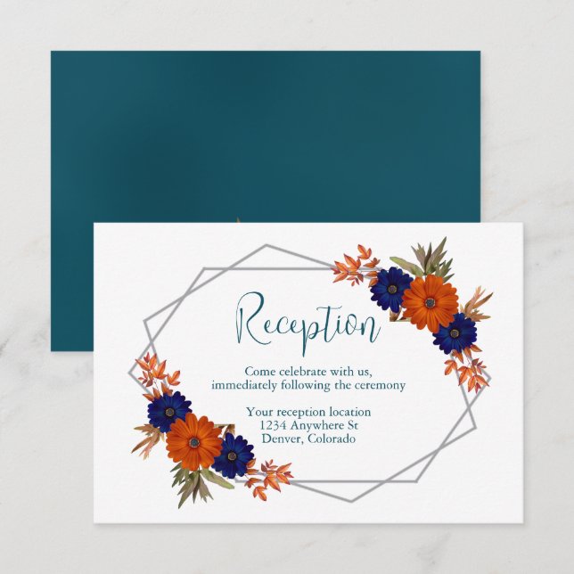 Carte D'accompagnement Réception de mariage rustique automne orange bleu  (Devant / Derrière)