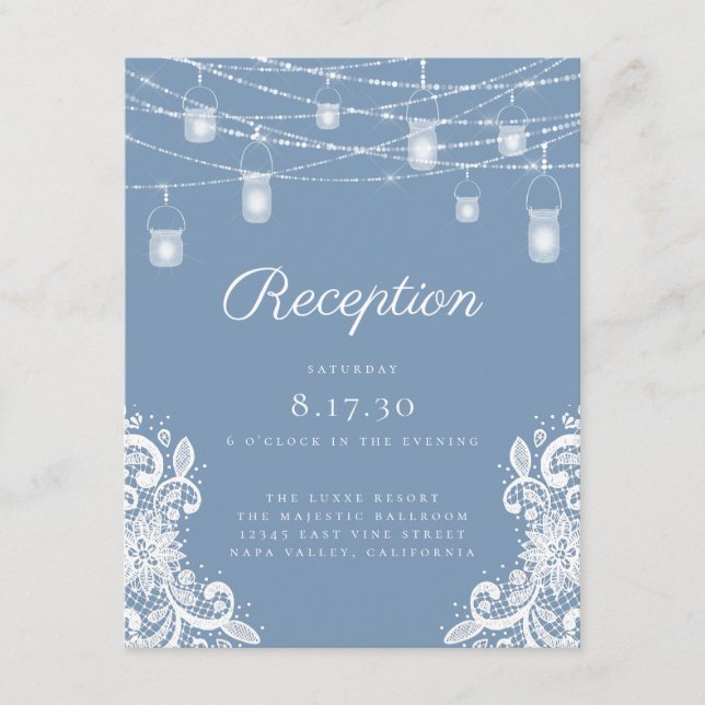 Carte D'accompagnement Réception de mariage Rustique avec Lumières Bleu P (Devant)