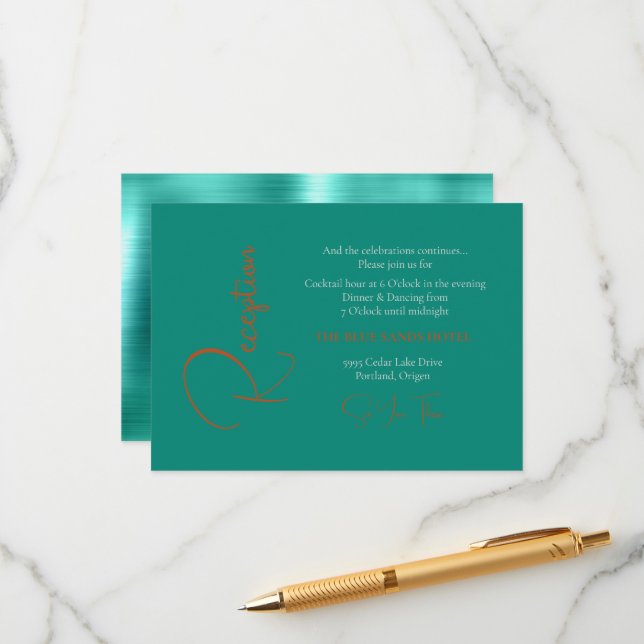 Carte D'accompagnement Réception de mariage sarcelle et cuivre tendance (Devant/Arrière en situation)