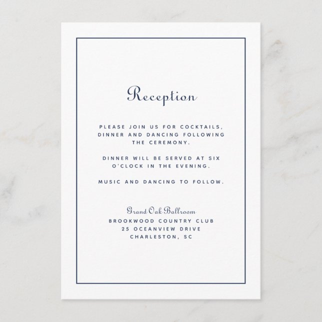 Carte D'accompagnement Réception de Mariage Script Élégant Bleu Marine Cl (Devant)
