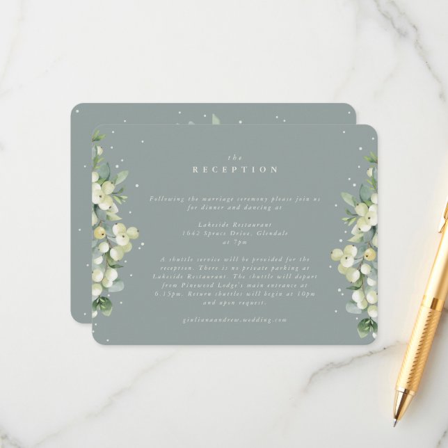 Carte D'accompagnement Réception de mariage Seafoam Snowberry+Eucalyptus (Devant/Arrière en situation)