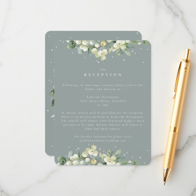 Carte D'accompagnement Réception de mariage Seafoam Snowberry+Eucalyptus (Devant/Arrière en situation)