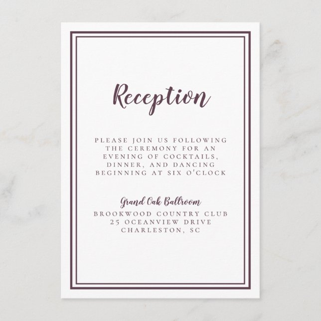 Carte D'accompagnement Réception de mariage simple encadré violet blanc (Devant)