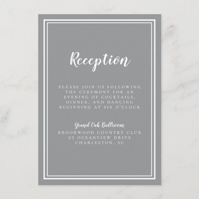 Carte D'accompagnement Réception de mariage simple gris chic encadré blan (Devant)