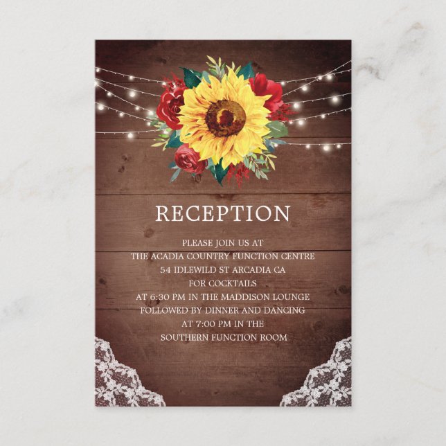 Carte D'accompagnement Réception de mariage Sunflower Rose rouge dentelle (Devant)