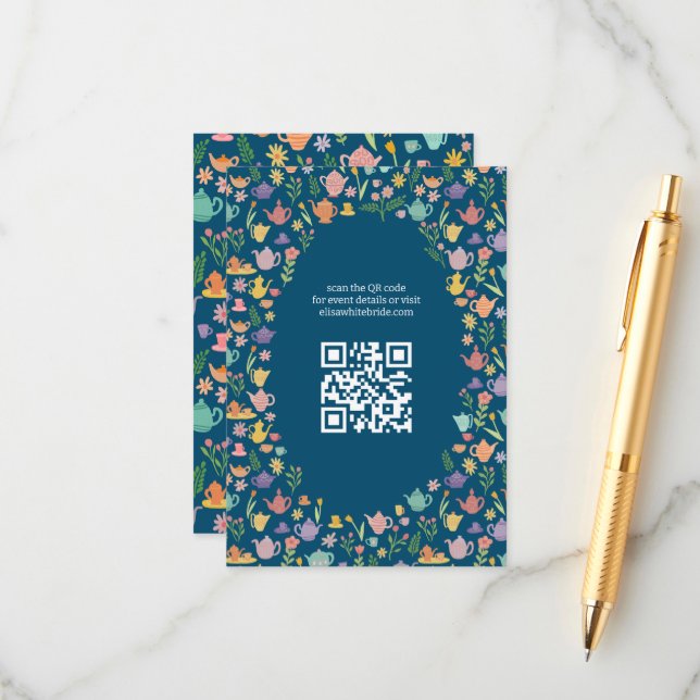 Carte D'accompagnement Réception de mariage Tea Party Code QR personnalis (Devant/Arrière en situation)