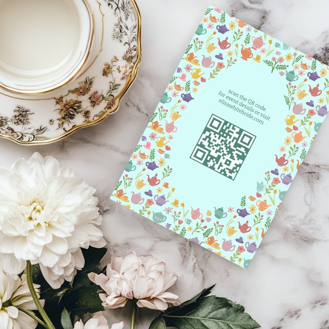 Carte D'accompagnement Réception de mariage Tea Party Code QR personnalis (Tea Party Bridal Shower Cute CUSTOM QR Code Enclosure Card
)