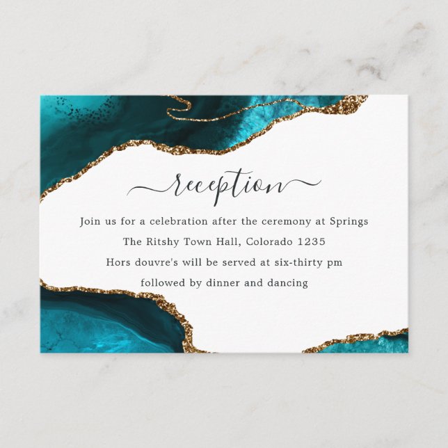 Carte D'accompagnement Réception de mariage Teal et Agate dorée (Devant)