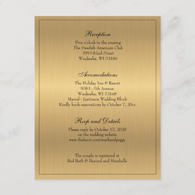 Carte D'accompagnement Réception De Mariage Traditionnelle Élégante Or (Devant)