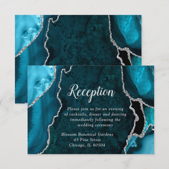 Carte D'accompagnement Réception de mariage Turquoise et Agate Argentée (Devant / Derrière)