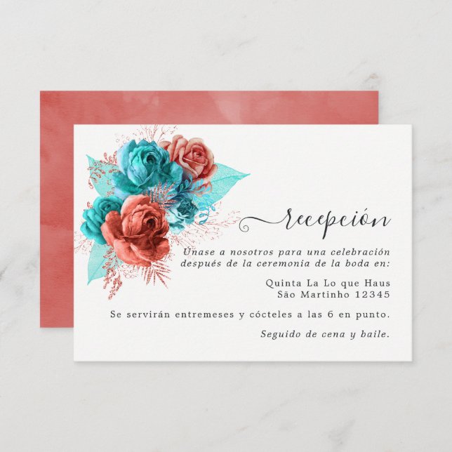 Carte D'accompagnement Réception de mariage turquoise et corail en espagn (Devant / Derrière)