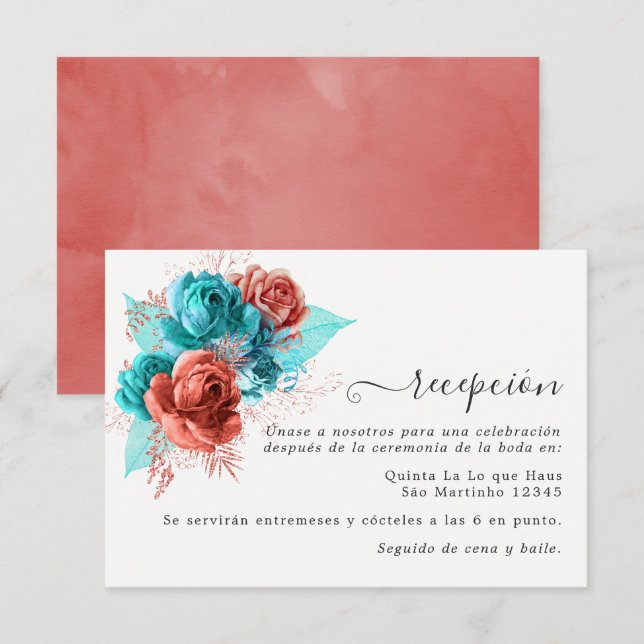 Carte D'accompagnement Réception de mariage turquoise et corail espagnol (Devant / Derrière)