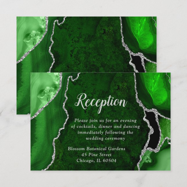 Carte D'accompagnement Réception de mariage Vert et Agate Argenté (Devant / Derrière)