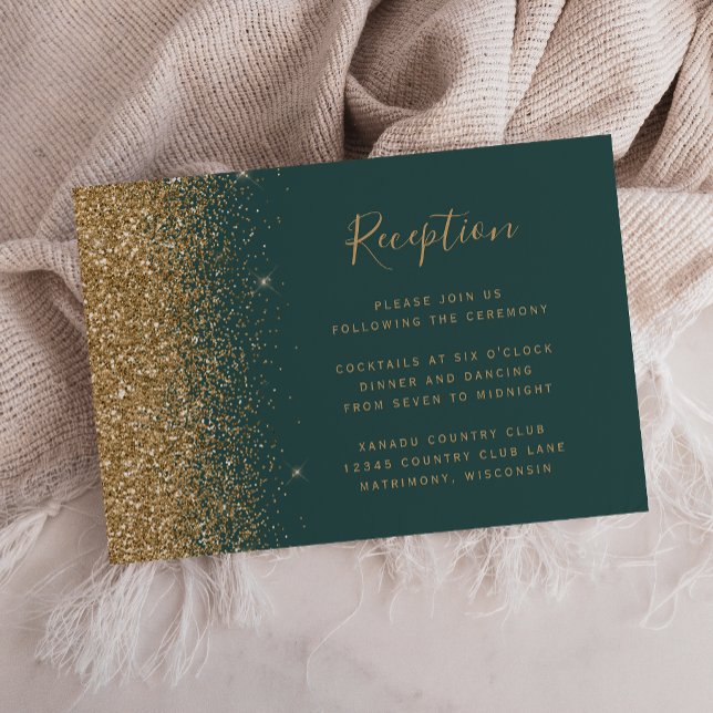 Carte D'accompagnement Réception de mariage vert foncé paillettes or mode (Créateur téléchargé)