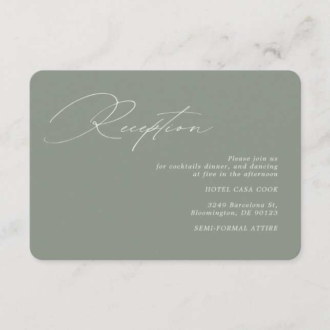 Carte D'accompagnement Réception de mariage vert sauge Calligraphie moder (Devant)