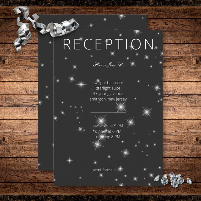 Carte D'accompagnement Réception d'étincelle d'hiver Noire au Charbon mod (Modern Charcoal Black Winter Sparkle Wedding Reception Card)