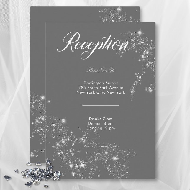 Carte D'accompagnement Réception Diamond Gris & Blanc Gris Moderne (Modern Minimal Gray & White Glam Diamond Reception Enclosure Card)