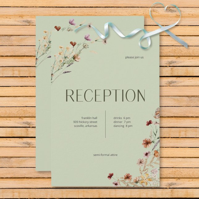 Carte D'accompagnement Réception du Bouquet de Fleur sauvage moderne Sage (Modern Sage Green Wildflower Bouquet Wedding Reception Card)