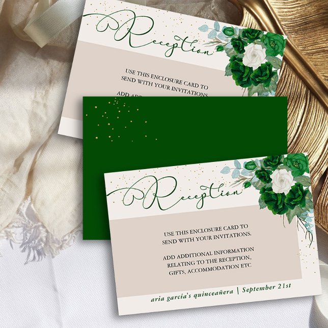 Carte D'accompagnement Réception Emerald Green et Ivory Rose (Quinceanera Reception Card from the Royal Rose Emerald Green Quinceanera Collection by Darling & May)