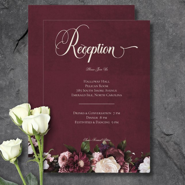 Carte D'accompagnement Réception florale à la crème bordeaux foncée (Dark Elegant Burgundy Cream Floral Reception Enclosure Card)