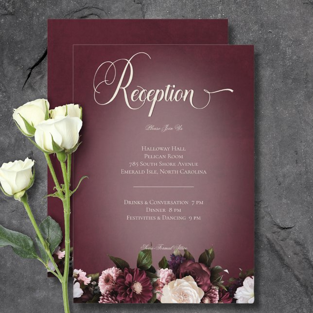 Carte D'accompagnement Réception florale Burgundy Foncé Élégante (Dark Elegant Burgundy Cream Blur Floral Reception Enclosure Card)