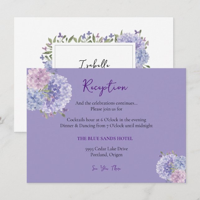 Carte D'accompagnement Réception florale de hortensia bleu lilas moderne  (Devant / Derrière)