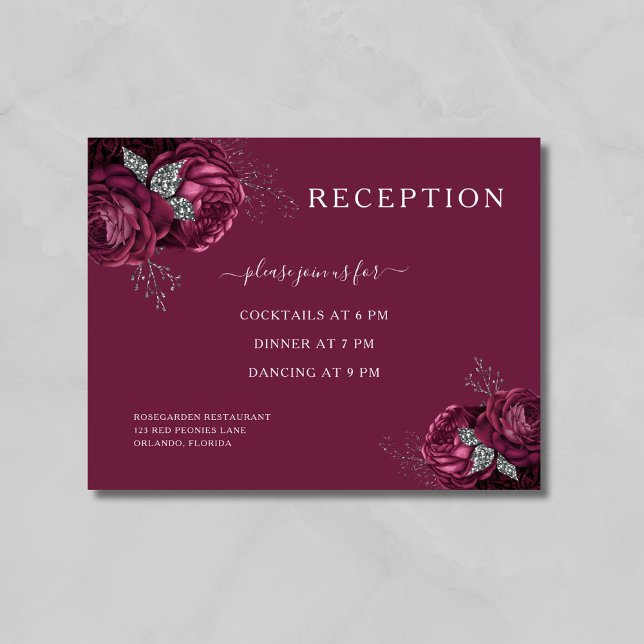Carte D'accompagnement Réception Florale Élégante en Bourgogne (Elegant Burgundy Floral Reception Enclosure Card)
